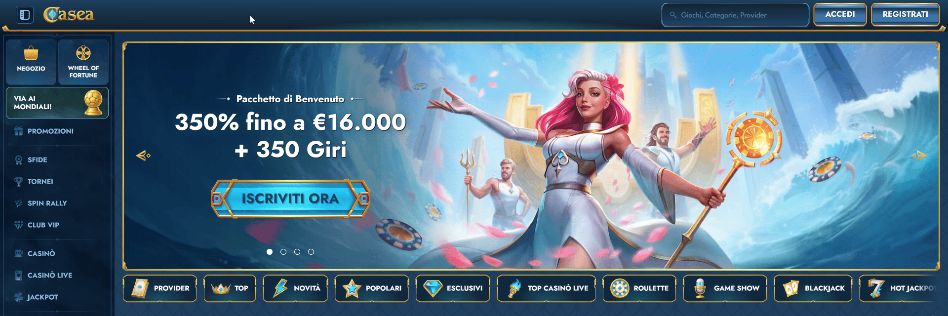 Screenshot of the Casea Casino website
