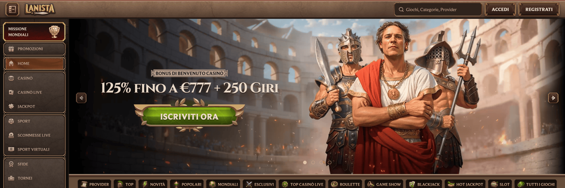 Screenshot of the Lanista Casino website